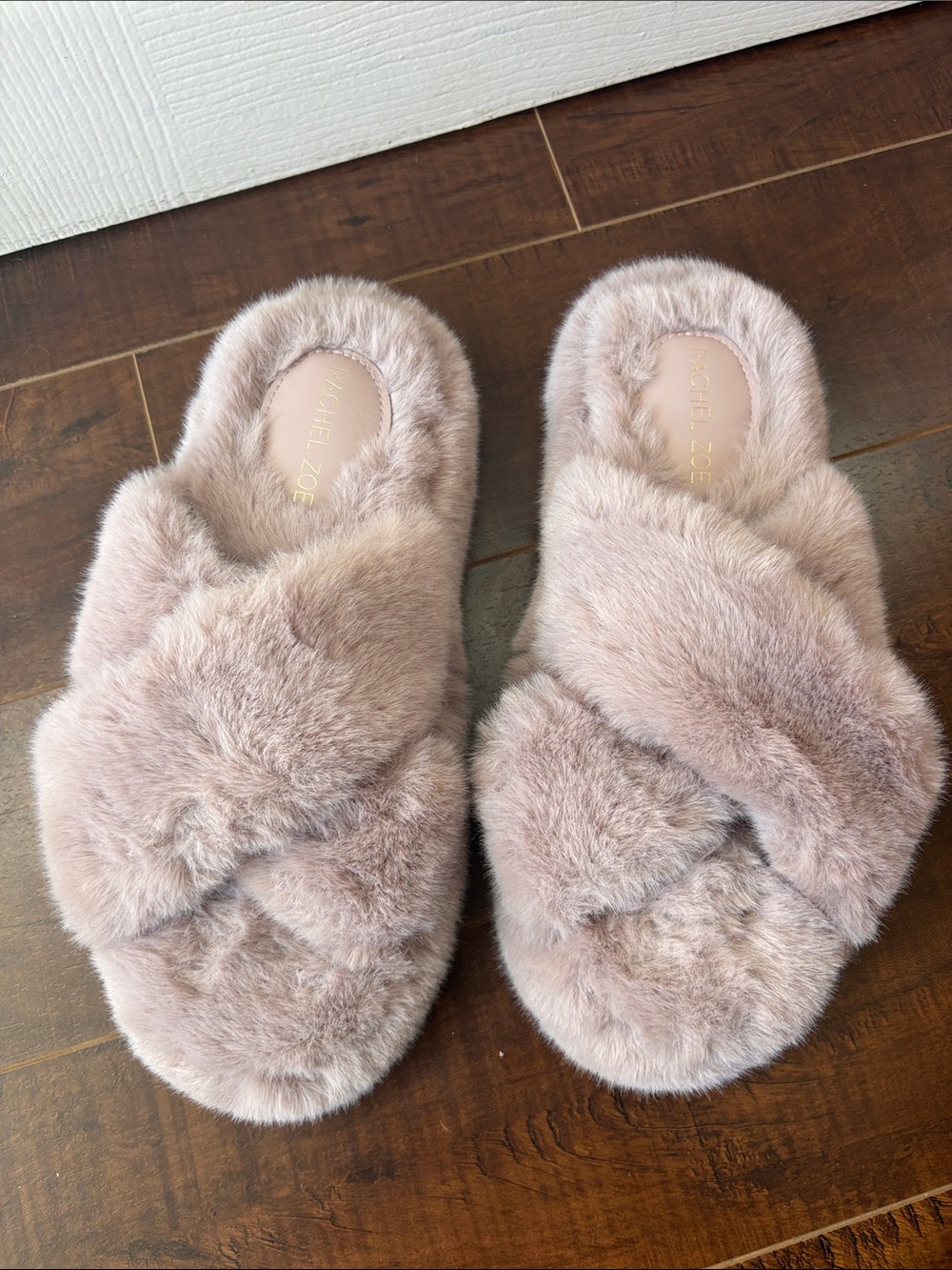 Rachel Zoe Plush Cross-Band Faux-Fur Slide Slippers in Blush